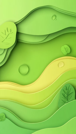 Abstract Paper Carving Art with Wavy Green Layers and Smooth Flowing Modern Shapes in Soft Tonesの素材
