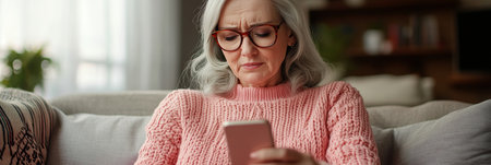 Silver Haired Woman Engrossed in Smartphone Content While Relaxing on Couch, Modern Life Reflectionsの素材