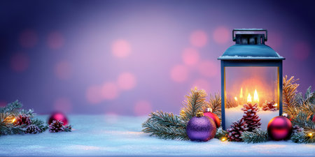Beautiful Christmas Lantern Scene with Snowy Table Decorations and Festive Ornaments Backgroundの素材