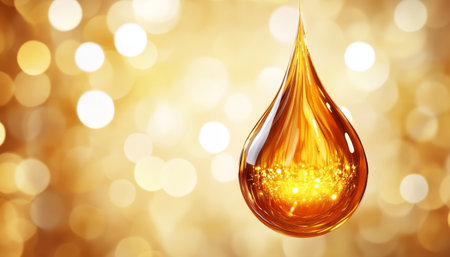 Golden Liquid Drop Suspended with Sparkling Bokeh Backdrop, Cosmetic Elixir Glow in Studio Lighting.の素材
