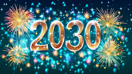 Futuristic New Year 2030 Celebration Bold Metallic Numbers with Glittering Fireworks and Starsの素材