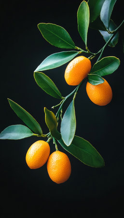 Fresh Kumquats on a Branch, A Colorful Vitamin C Source, Ideal for Agriculture and Food Photographyの素材