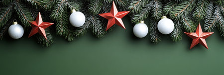 Elegant Christmas Decorations Festive Ornaments and Evergreen Sprigs on a Rich Green Backgroundの素材