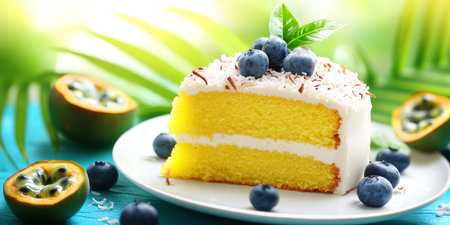 Coconut cake slice topped with fresh berries, a delightful tropical dessert for any occasion.の素材