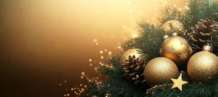 Elegant Christmas Holiday Background Featuring Glittering Gold Ornaments on Evergreen Pine Branchの素材