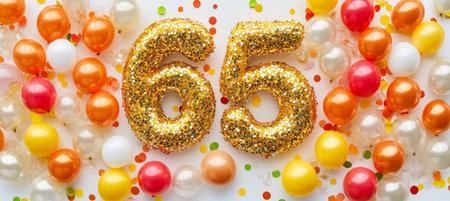 Colorful and Festive Sixty-Fifth Anniversary Celebration with Balloons, Banners, and Golden Decorの素材