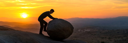 A Determined Man Struggling to Push a Massive Rock Uphill, Symbolizing Hard Work and Perseveranceの素材