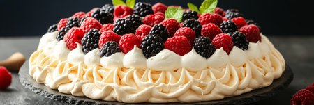 Exquisite Pavlova Dessert Topped with Fresh Autumn Berries and a Crisp Meringue Crust Delightの素材