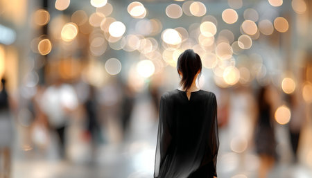 Fashionable woman in a busy, brightly lit mall showcasing style and elegance amidst vibrant commerceの素材
