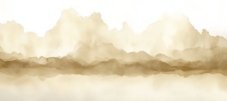 Beautiful Scenic Mountain Range in Soft Pale Beige Tones with Watercolor Wash and Detailed Landscapeの素材