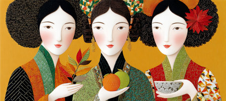 Elegant Asian Women Presenting Mid-Autumn Festival Offerings Against Ochre Backdrop, Vintage Glamourの素材