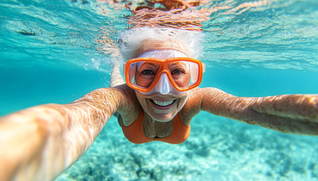 Happy Retired Woman Snorkeling in Clear Ocean, Making Memories on Tropical Vacation Adventureの素材