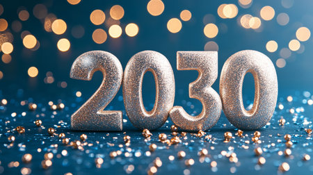Stunning Sparkling Metallic Silver Decoration for 2030, Isolated Number Figures with Light Orbsの素材