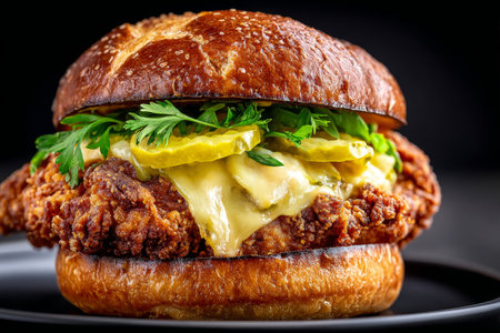 Mouthwatering Fried Chicken Sandwich on a Pretzel Bun with Cheese, Pickles, and Special Sauceの素材