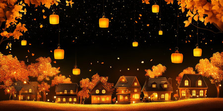 Charming autumn town illuminated by golden lanterns, evoking warmth and festive spirit in nature.の素材