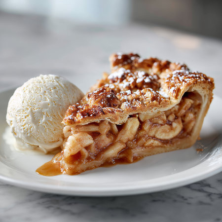 A Delicious Slice of Classic Apple Pie with Crumble Topping and Vanilla Ice Cream on the Sideの素材