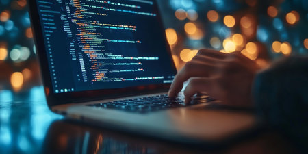 A Programmer s Hands Typing Code on a Laptop with an Illuminated Blue Light in a Dark Roomの素材