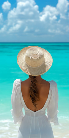 Woman in a Straw Sun Hat Enjoying a Sunny Paradise Getaway by Turquoise Waters in Tropical Resortの素材
