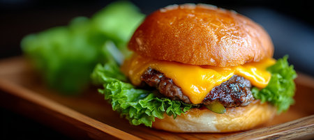 Craft Burger Art on Wood Captivating Display of a Juicy Burger with Sesame Seed Pretzel Rollの素材