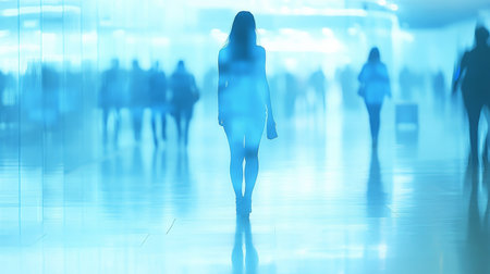 Dynamic Female Figure Moving Through Modern Glass Office Space, Exuding Professionalism And Eleganceの素材