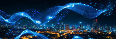 A Vibrant Metropolitan City at Night with Illuminated Digital Infrastructure and Smart Networksの素材