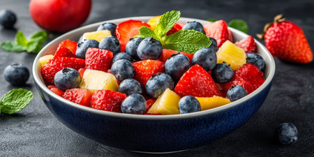 Vibrant Assortment of Fresh Summer Fruits in a Bowl Juicy Watermelon, Strawberries, and Blueberriesの素材