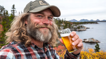 Bearded Man Enjoying Craft Beer in Breathtaking Wilderness, Embracing Nature and Adventure Vibesの素材