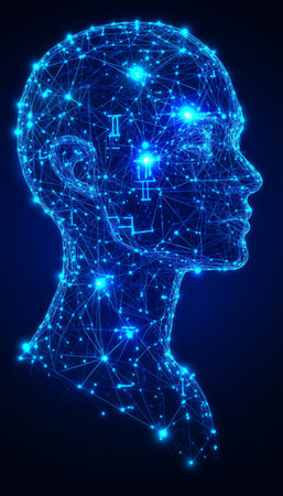 Futuristic Digital Head with Binary Code and Cybersecurity Themes in Minimalist Vector Art Designの素材