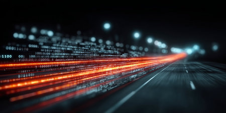 Binary Code Data Flow on Digital Streets, Future Technology Innovations for Fast Data Transmissionの素材