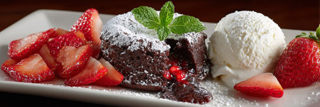 Decadent Chocolate Lava Cake Dessert Served with Creamy Vanilla Ice Cream and Fresh Strawberriesの素材