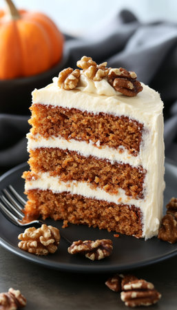 Moist Carrot Cake Slice with Cream Cheese Frosting and Chopped Walnuts, Perfect for Any Occasionの素材
