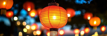 Vibrant Chinese Lanterns Brightening the Evening Sky During a Joyous Festival Celebration Eventの素材