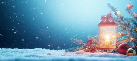 Enchanting Christmas Night Warm Lantern Light Illuminates Snowy Landscape with Festive Ornamentsの素材