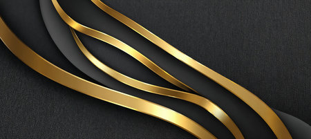 Elegant Abstract Dark Fabric Surface with Golden Ribbons and Stylish Luxury Wave Design Backdrop.の素材