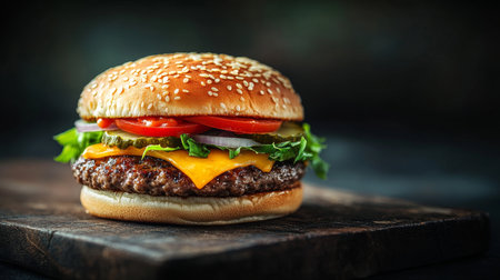Gourmet Hamburger Layered with Fresh Ingredients on a Soft Brioche Bun, Perfectly Grilledの素材