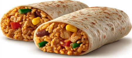 Delicious Hearty Vegetarian Burritos with Rice, Beans, and Fresh Vegetables Wrapped in Tortillasの素材