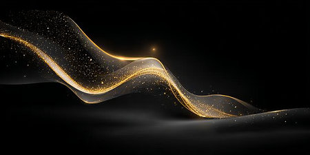 Elegant Abstract Black Background with Golden Swirls, Sparkles, and Luxury Metallic Texture Designの素材