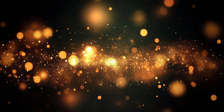 Golden Sparkles Effect on Black Abstract Space with Luminous Bokeh and Decorative Shine Elementsの素材