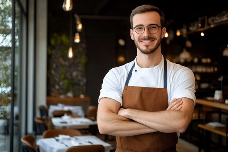 Welcoming restaurant owner in rustic eatery inviting guests with a warm, friendly smile.の素材