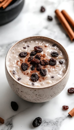 Creamy Rice Pudding Bowl with Sweet Raisins and Warm Cinnamon for a Cozy Breakfast Delightの素材
