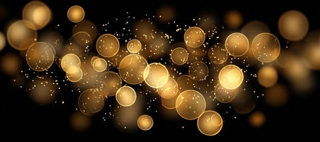 Abstract Golden Bokeh Lights with Blurry Circles and Glitter on Dark Background for Festive Designの素材