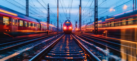 Stunning Twilight Scene of a Busy Railway Station with Trains, Long Exposures, and Vibrant Lightsの素材