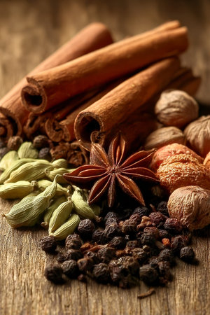 Aromatic Spices Arrangement for Seasonal Cooking on Rustic Wooden Background, Close Up Compositionの素材