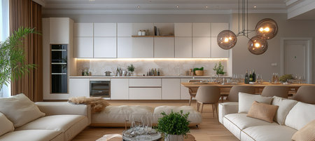 Bright and Inviting Interior Design Featuring Cozy Couches, Pendant Lighting, and Open Kitchen Spaceの素材