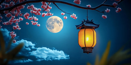 Stunning Mid-Autumn Festival Night Scene with Cherry Blossoms, Lanterns, and a Bright Full Moonの素材