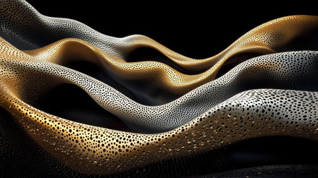 Abstract 3D Conceptual Art of Dark Metal Wave Sculpture with Perforated Gold and Steel Surfacesの素材