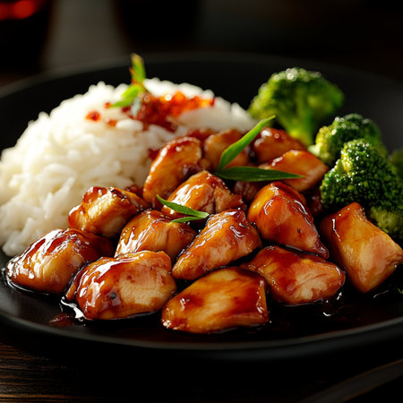 A Colorful and Flavorful Plate of Asian Cuisine Featuring Orange Glazed Chicken and Broccoli Delightの素材