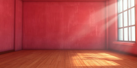 Bright and Airy Empty Room with Wooden Floor and Pink Walls, Sunlight Streaming Through Windowsの素材