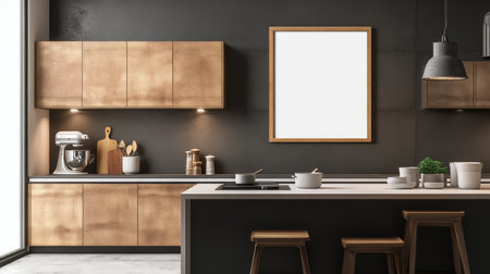 Modern Kitchen Interior with Elegant Wooden Cabinets, Island, Stools, and Stylish Lighting Fixturesの素材