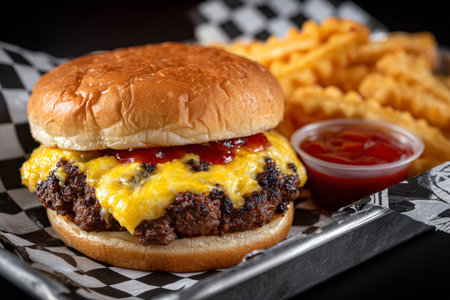 Delicious Single Cheeseburger with Succulent Cheese and Crinkle Cut Fries, Ultimate American Classicの素材